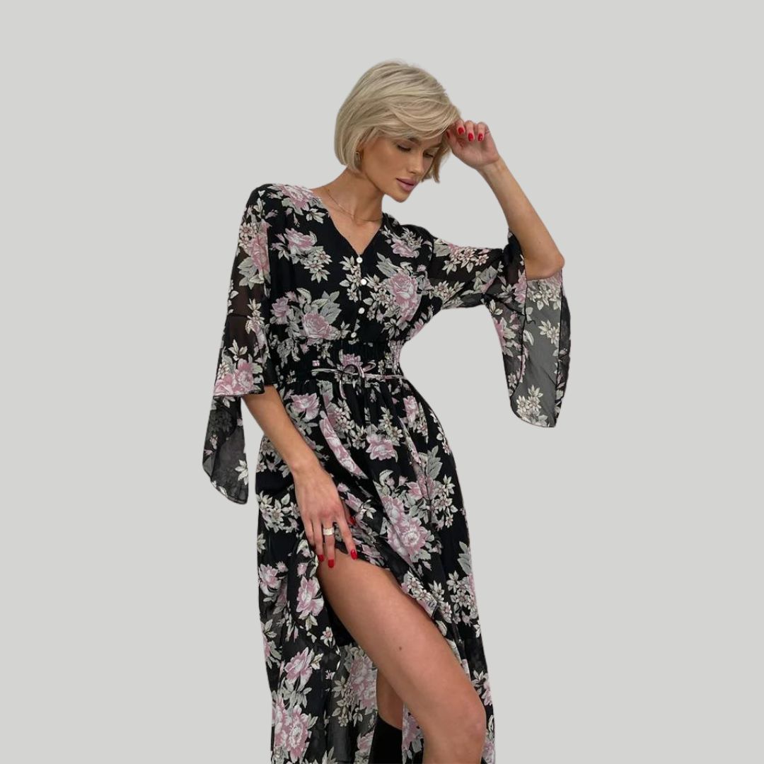 Pauline Laurent® | Robe midi florale avec décolleté en V
