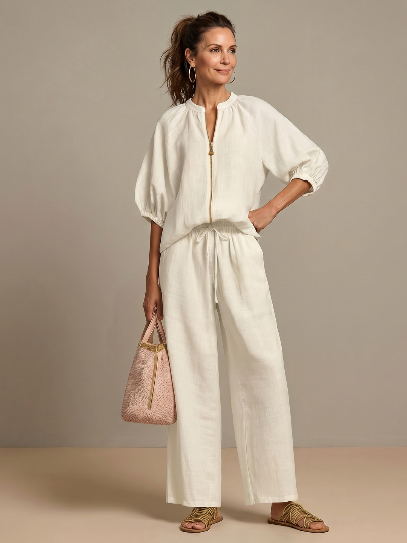 Ensemble blouse zippée et pantalon à jambes larges pour femme
