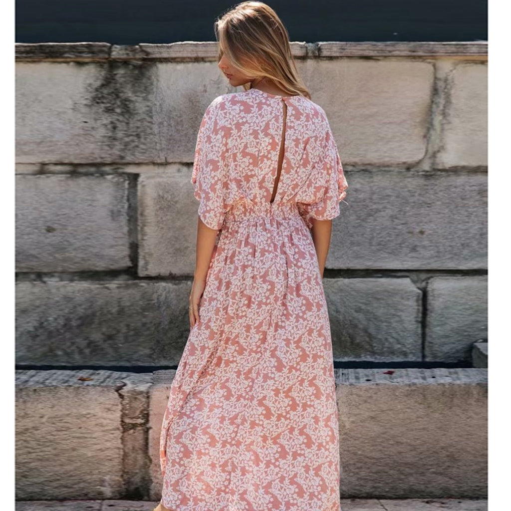 Robe midi bohème fendue rose poudré