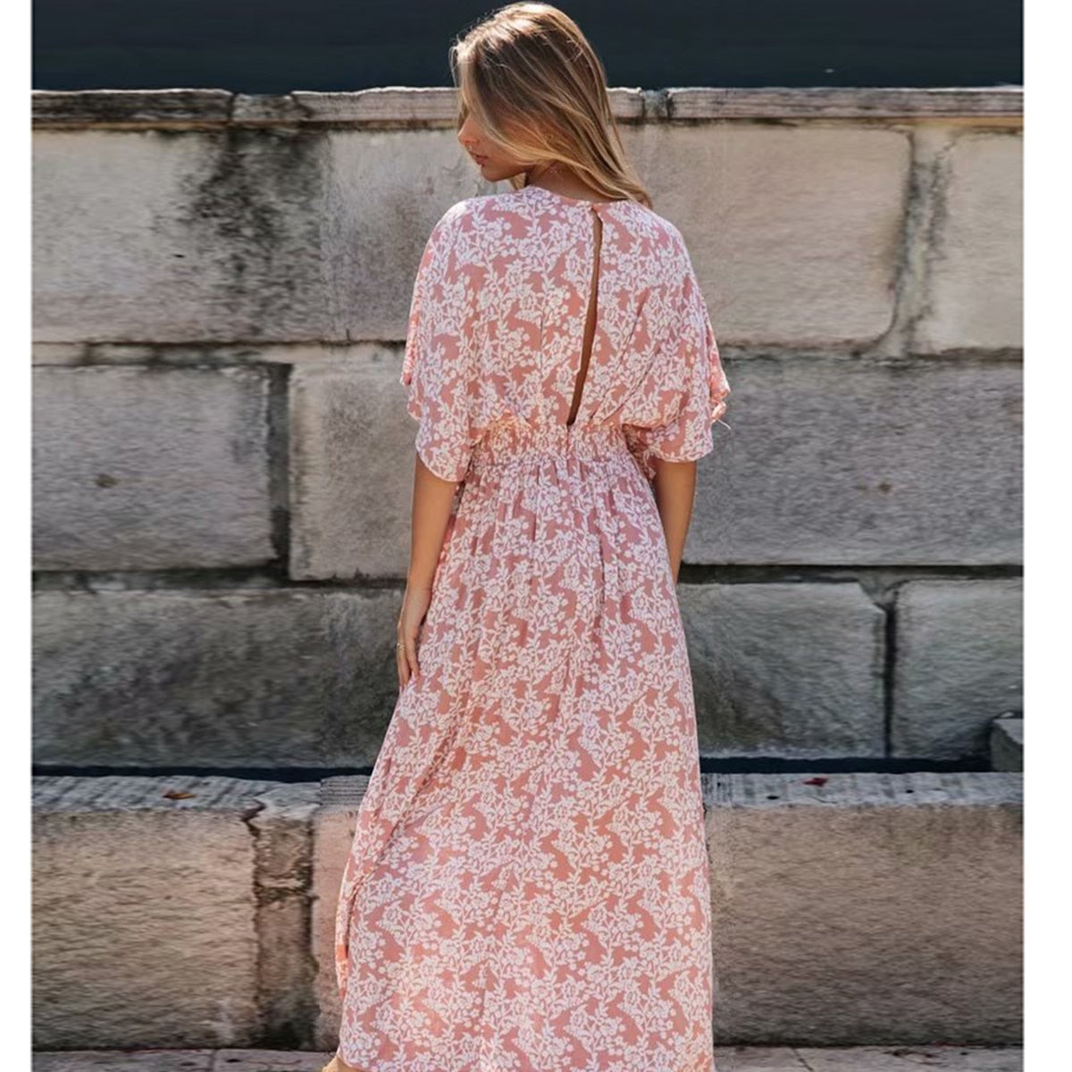 Robe midi bohème fendue rose poudré