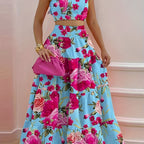 Ensemble bustier volanté floral et jupe longue évasée