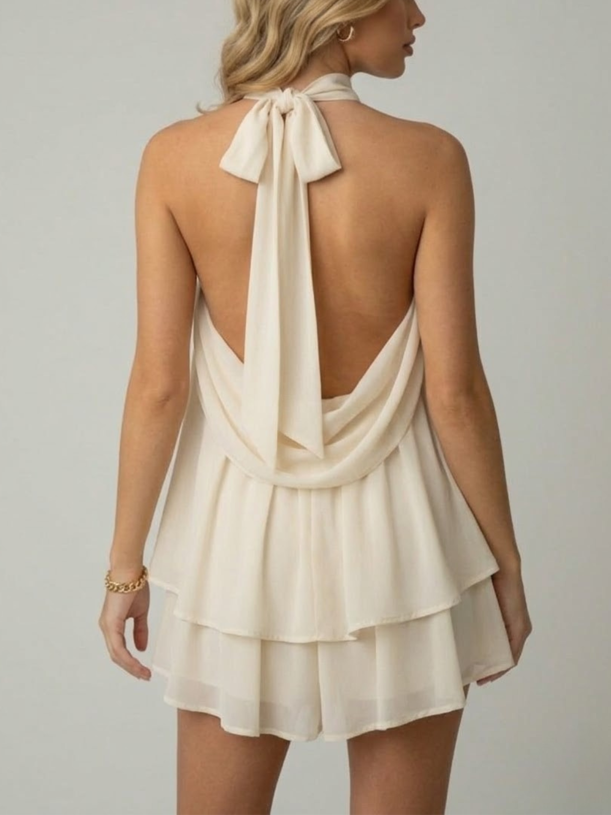 Robe mini sans manches à col licou pour femme avec ourlet à double volant