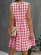 Robe Mini Sans Manches à Carreaux Facile avec Détails Plissés