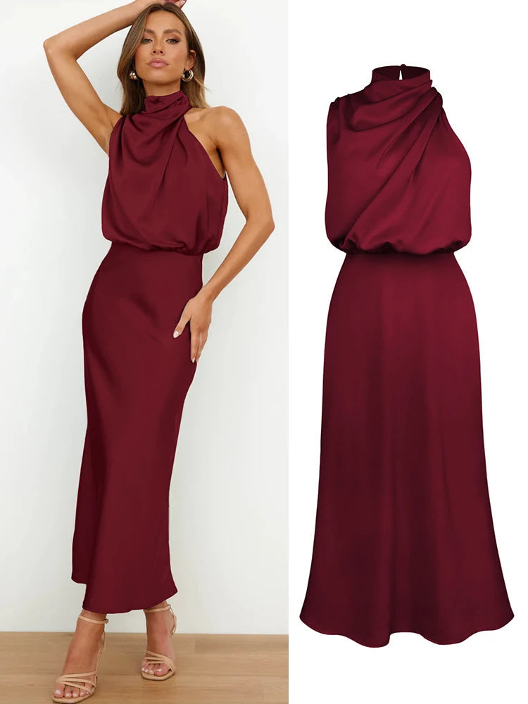 Robe midi en satin pour femme à encolure asymétrique