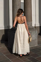 Robe midi ample en mélange lin et coton noir et blanc