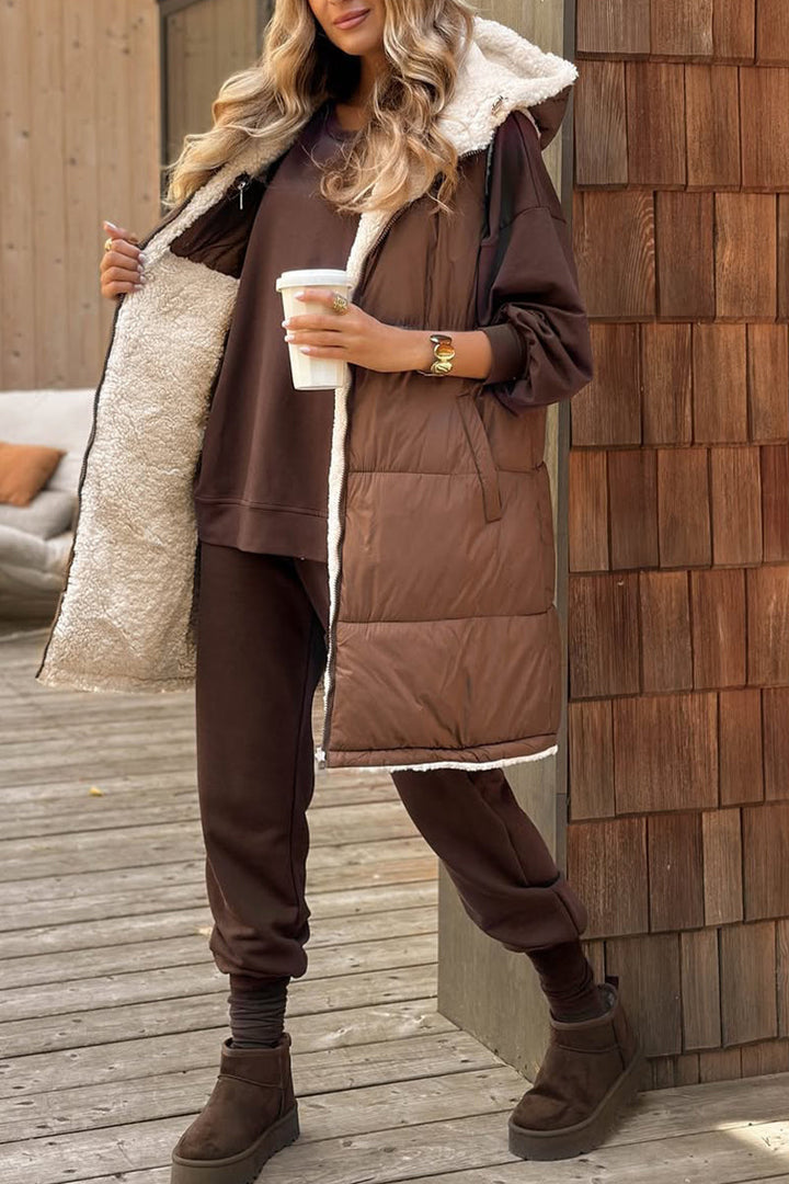 Gilet Long Réversible en Peluche - Gilet Douillet à Capuche en Sherpa