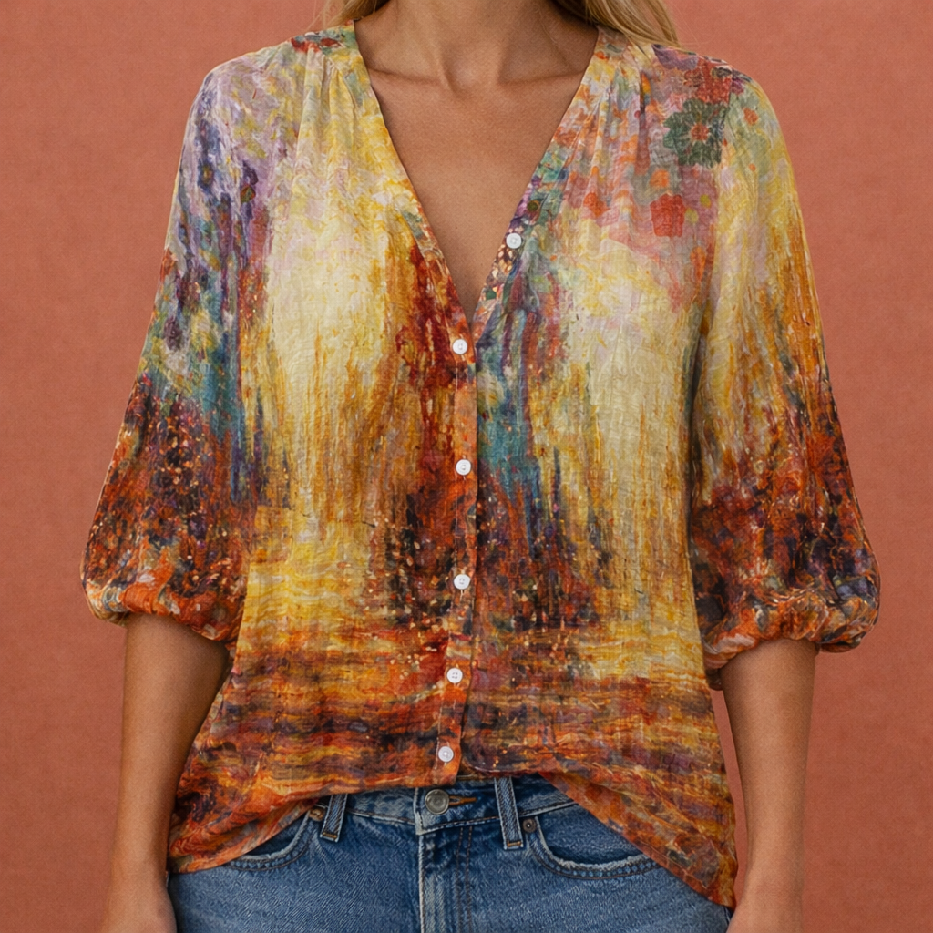 Blouse boutonnée imprimée à col en V pour femmes