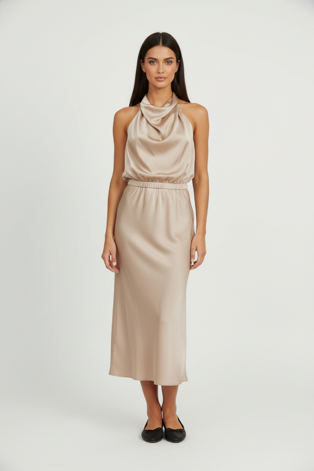 Robe midi en satin pour femme à encolure asymétrique