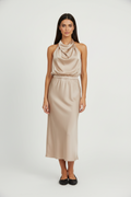 Robe midi en satin pour femme à encolure asymétrique