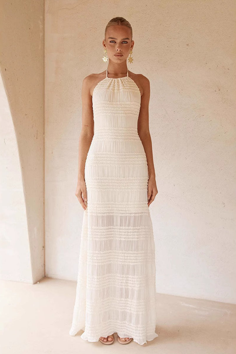 Robe longue en mousseline unie avec taille froncée et lien à nouer