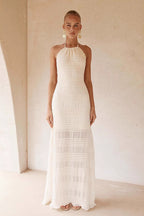 Robe longue en mousseline unie avec taille froncée et lien à nouer