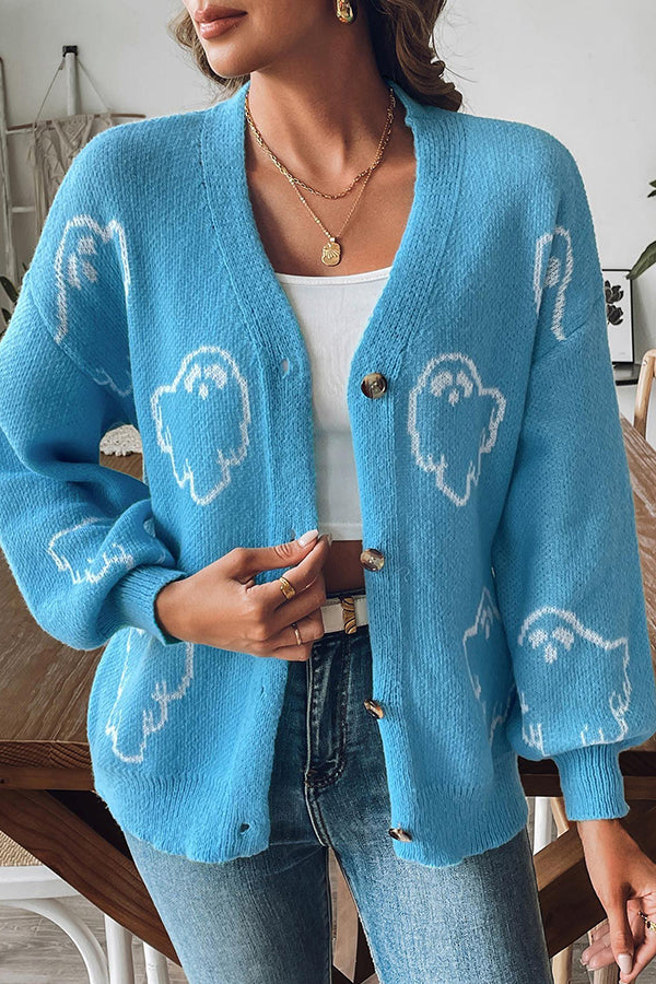 Pull en tricot confortable d'Halloween avec fantôme et boutons devant