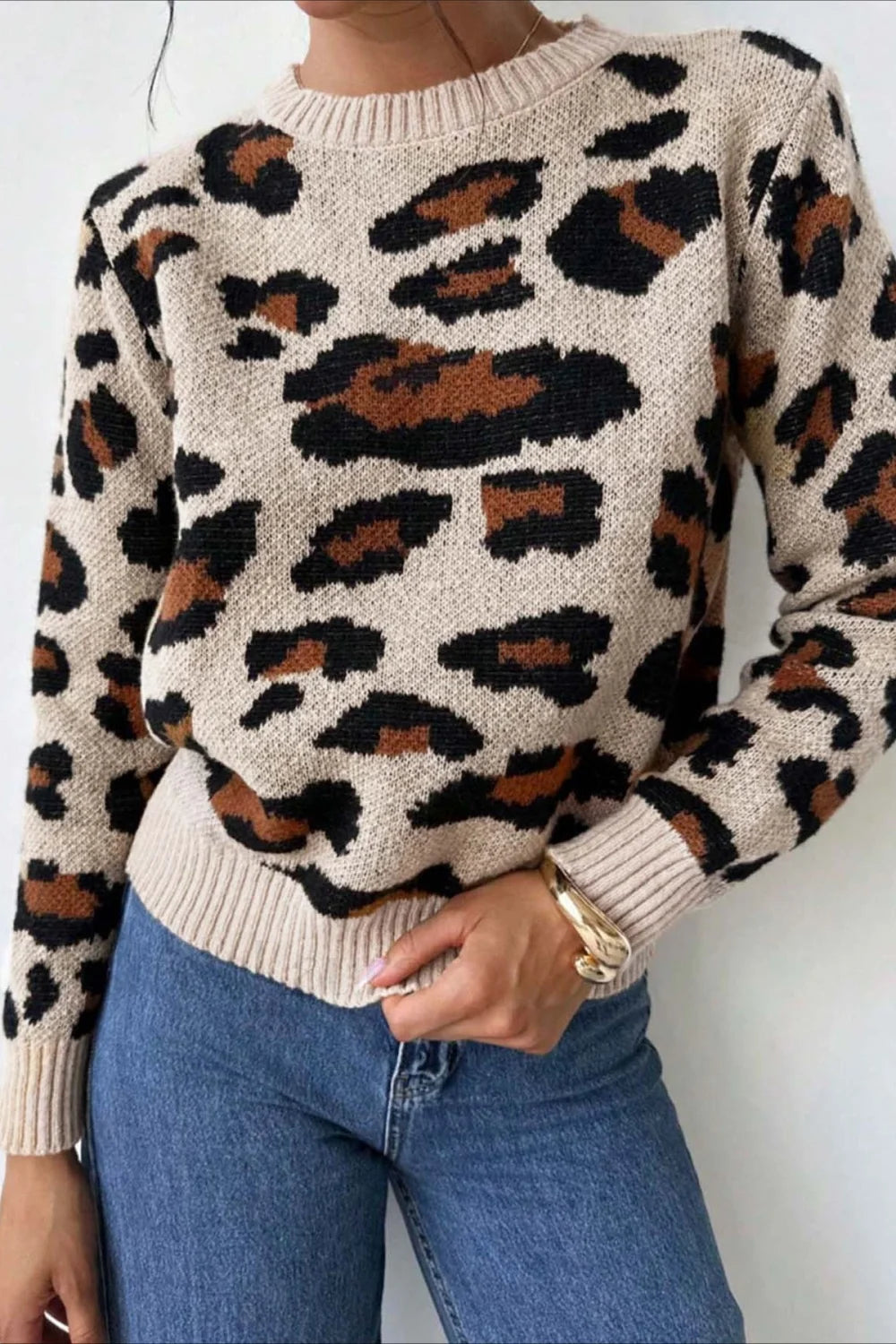 Pull à col rond chic avec imprimé léopard bicolore