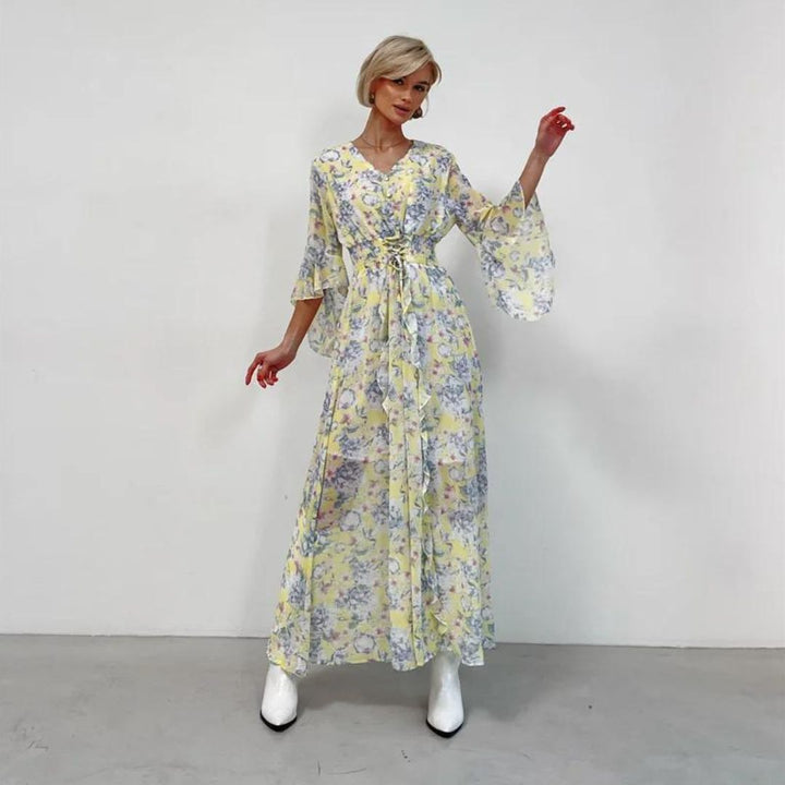 Pauline Laurent® | Robe midi florale avec décolleté en V