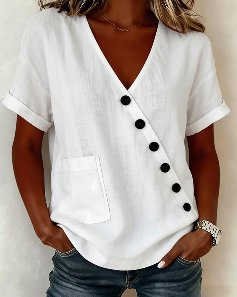 Blouse en coton à col en V avec patte de boutonnage diagonale