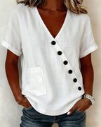 Blouse en coton à col en V avec patte de boutonnage diagonale