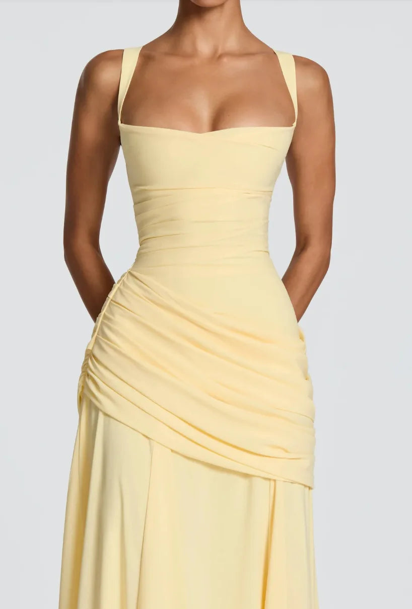 Robe Maxi Jaune Drapée Froncée pour Femme
