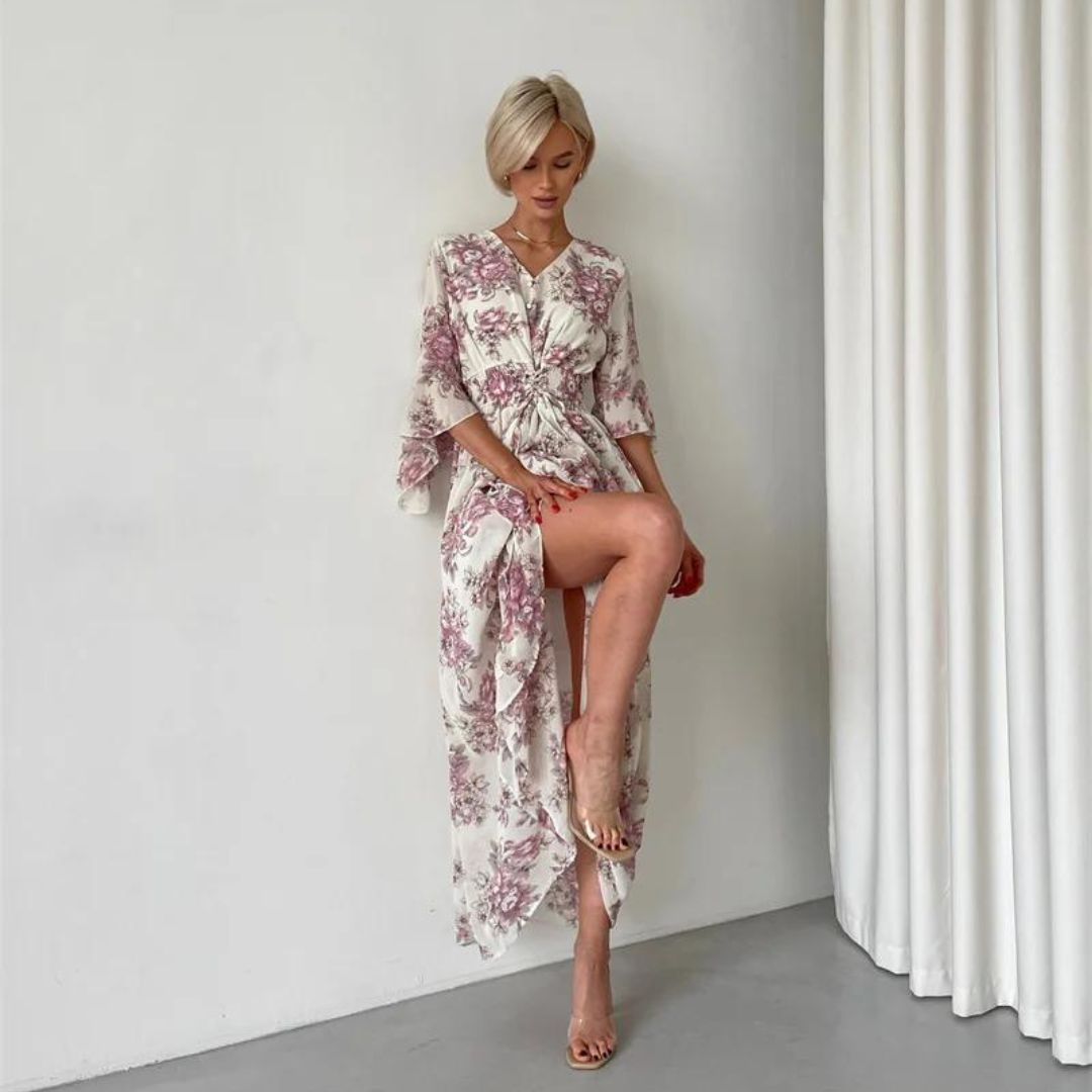 Pauline Laurent® | Robe midi florale avec décolleté en V