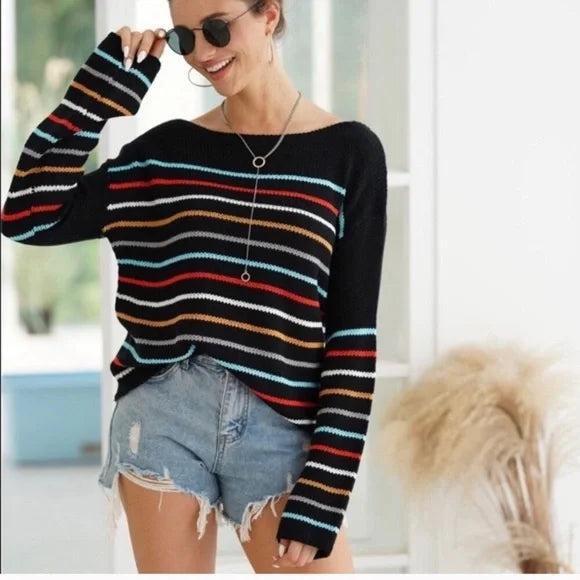 Pull en maille rayé à col en V confortable pour un confort décontracté