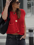 Cardigan sans manches en maille unie avec boutons et poches, vue de dos