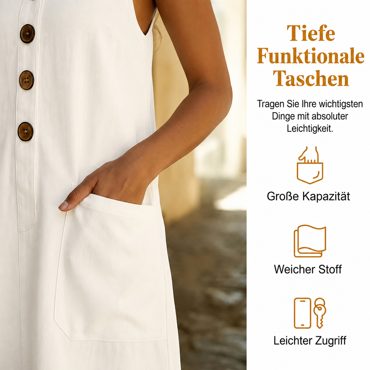 Robe sans manches en mélange de lin avec patte de boutonnage