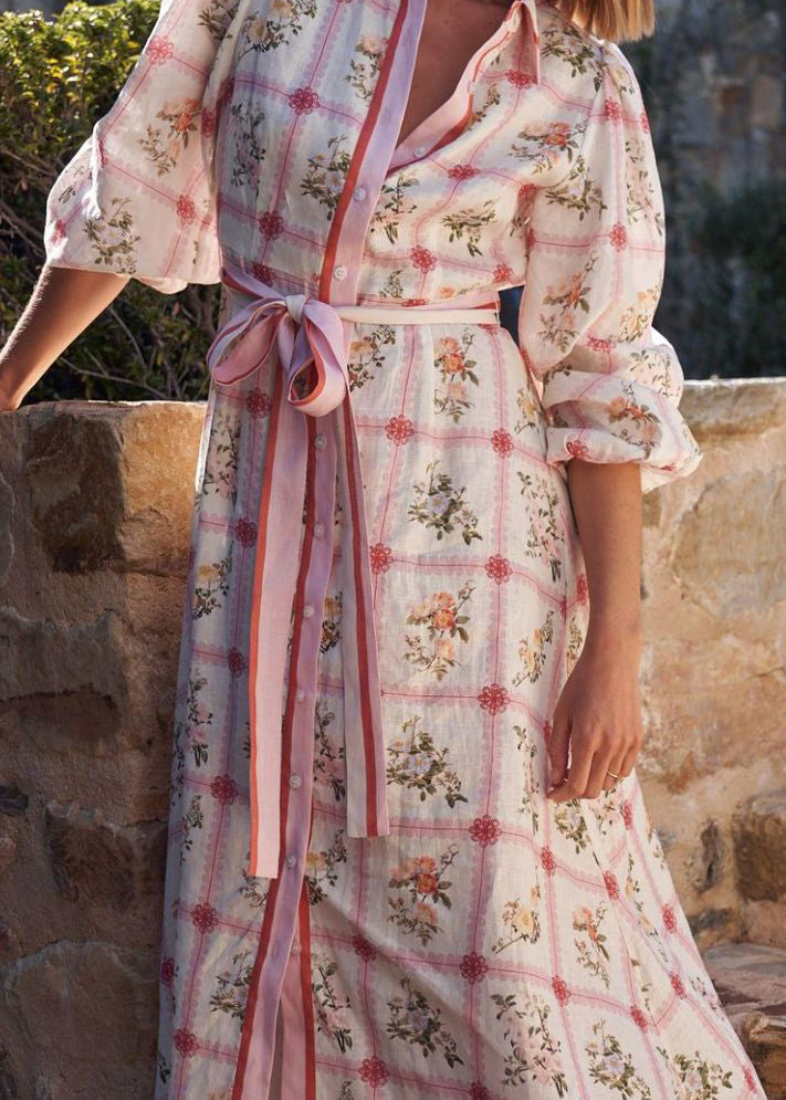 Robe longue décontractée en coton pour femme avec col Peter Pan et laçage en dentelle