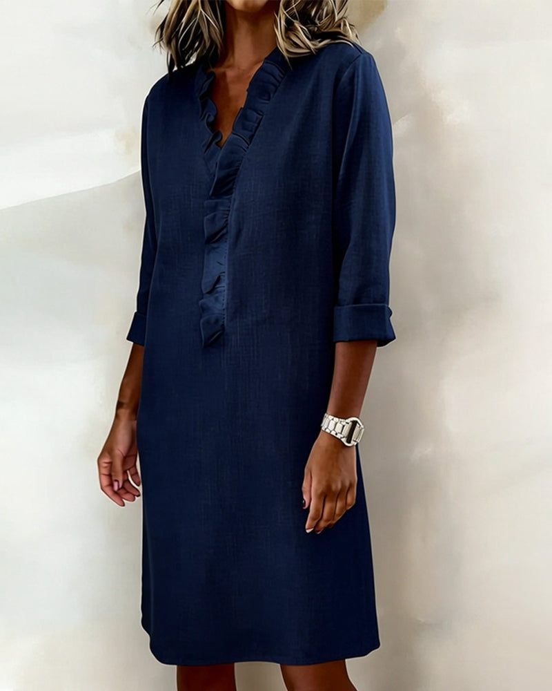 Robe droite en mélange de lin avec volants aérienne