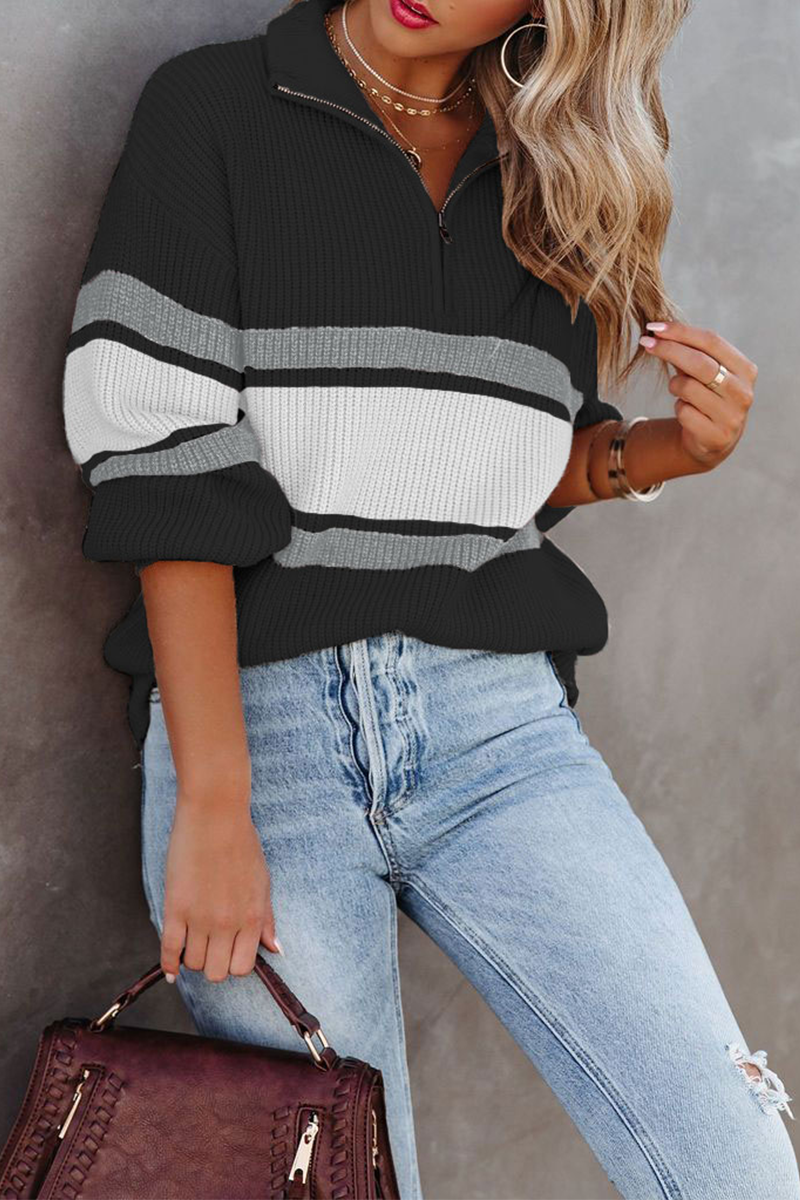 Pull tricoté décontracté à col zippé patchwork confortable