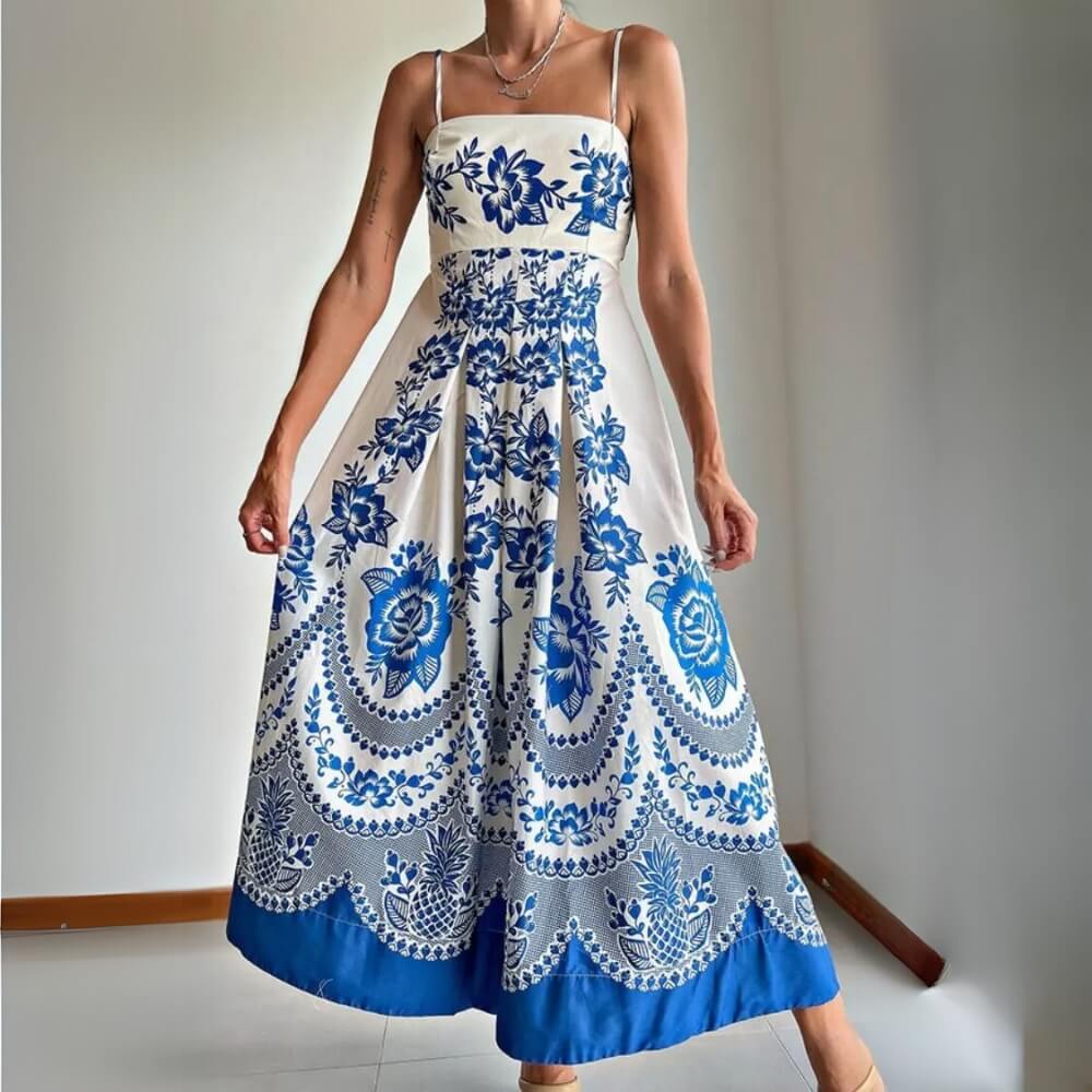 Robe midi bleu en polyester à bretelles spaghetti