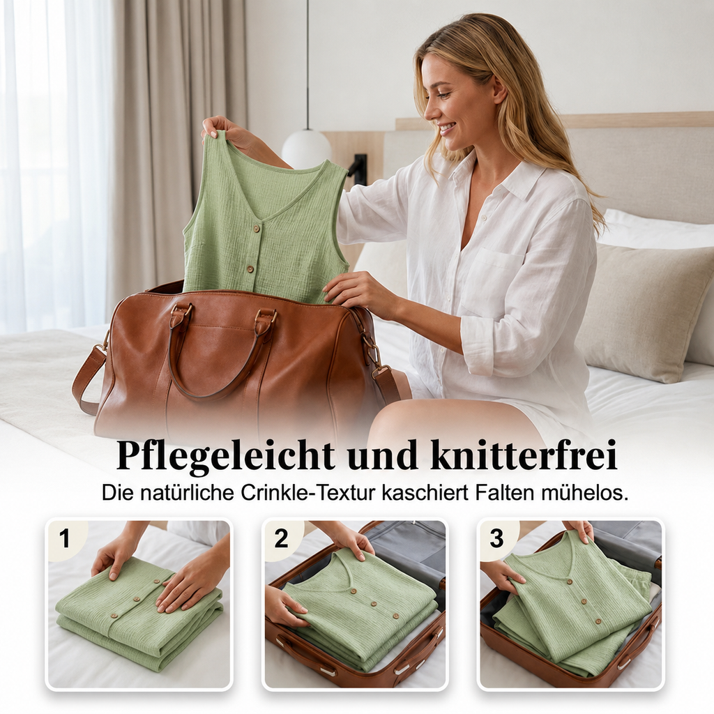 Ensemble deux pièces en tissu froissé avec patte de boutonnage