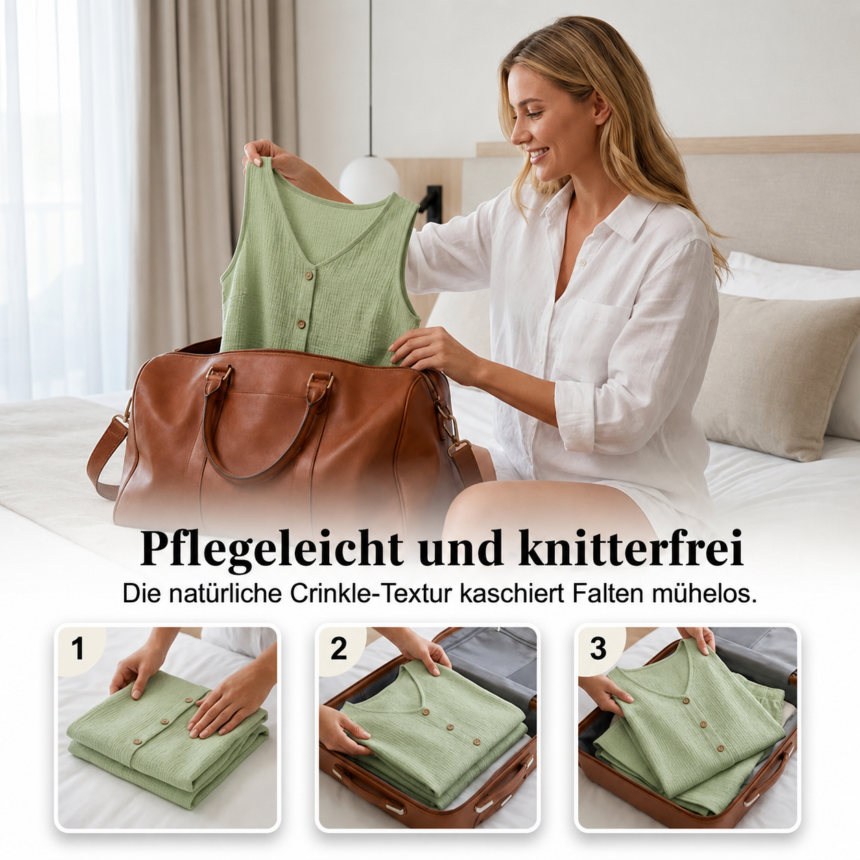 Ensemble deux pièces en tissu froissé avec patte de boutonnage