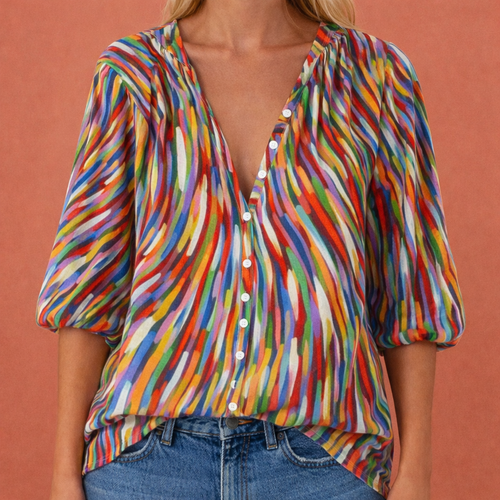 Blouse boutonnée imprimée à col en V pour femmes