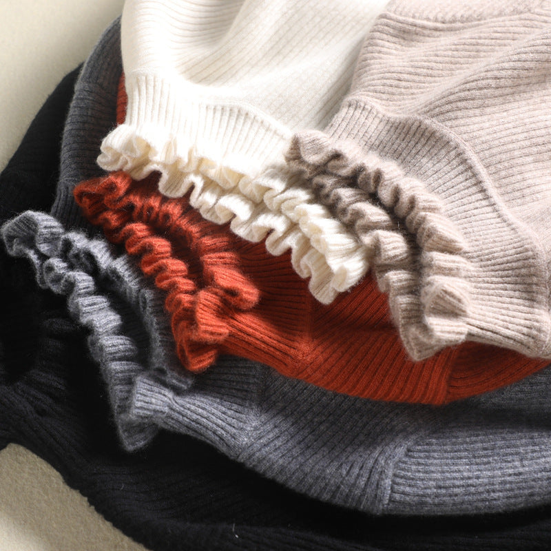 Pull en maille col roulé confortable avec bordure à volants féminine