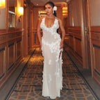 Robe longue en maille blanche à fleurs avec broderie florale