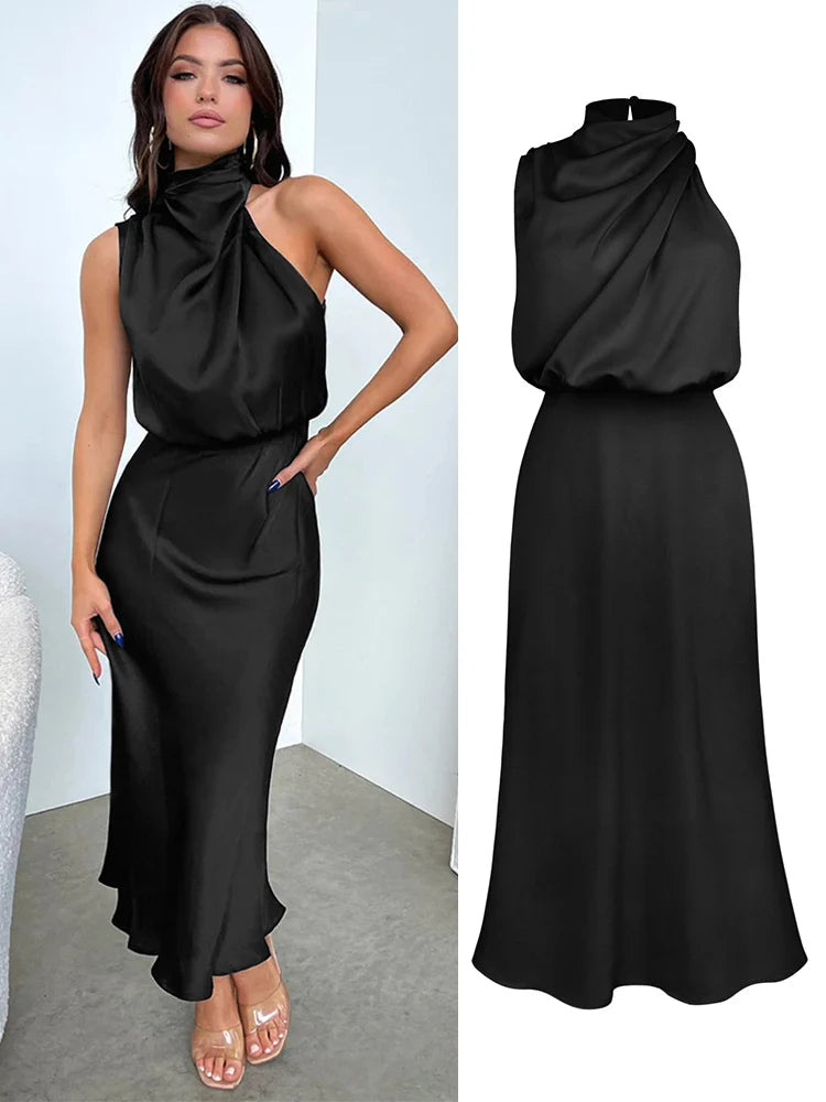 Robe midi en satin pour femme à encolure asymétrique