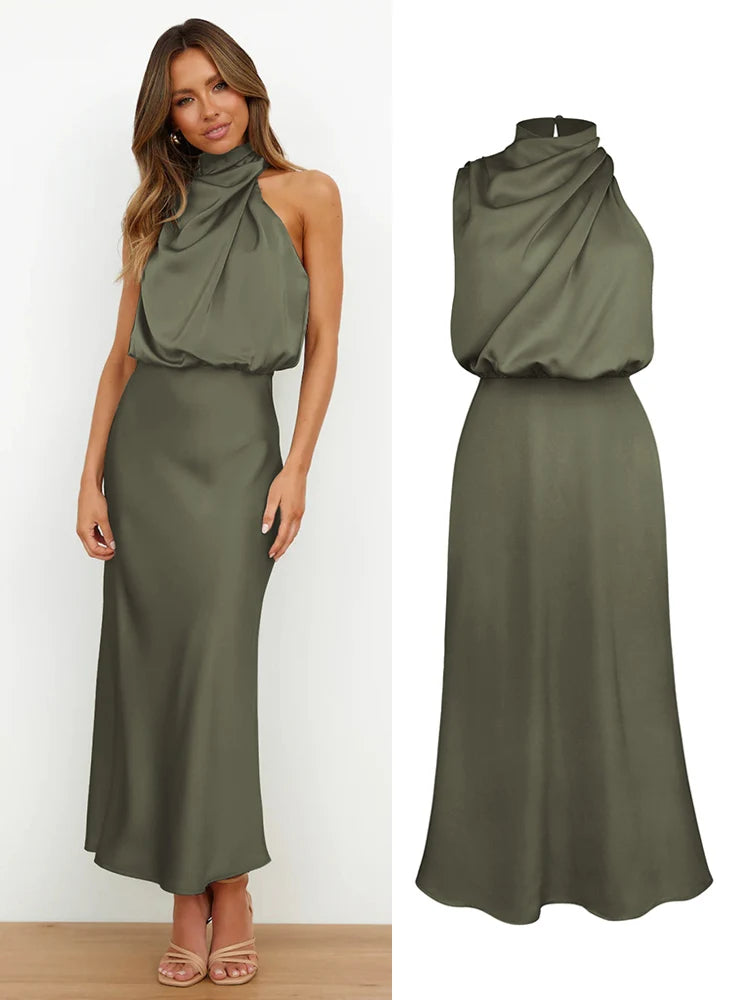 Robe midi en satin pour femme à encolure asymétrique
