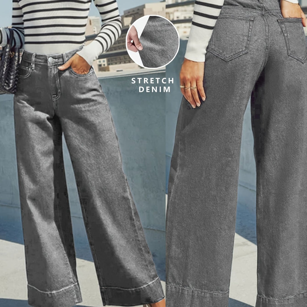 Jean en denim extensible taille haute à jambes larges avec ourlet retourné