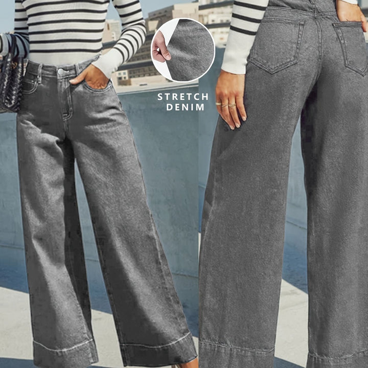 Jean en denim extensible taille haute à jambes larges avec ourlet retourné