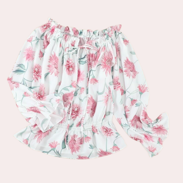 Blouse Carmen fleurie à épaules dénudées avec manches bouffantes