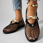 Détail du mesh respirant sur des chaussures Mary Jane femme