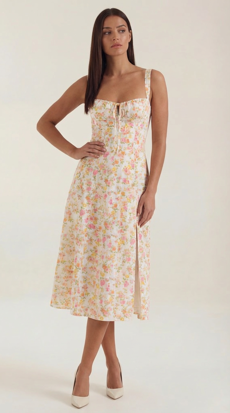 Robe midi fleurie pour femmes, idéale pour les invitées de mariage