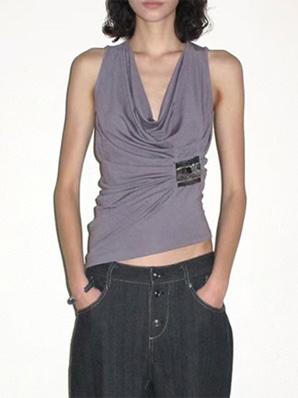 Débardeur femme gris uni à coupe ample avec col drapé, vue trois quarts