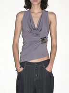 Débardeur femme gris uni à coupe ample avec col drapé, vue trois quarts