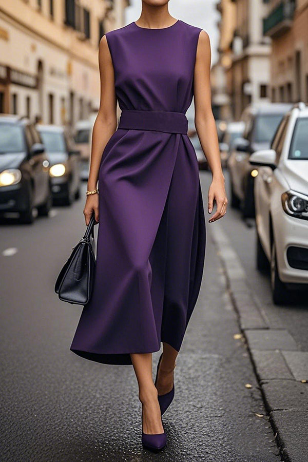 Robe midi décontractée unie sans manches avec col rond