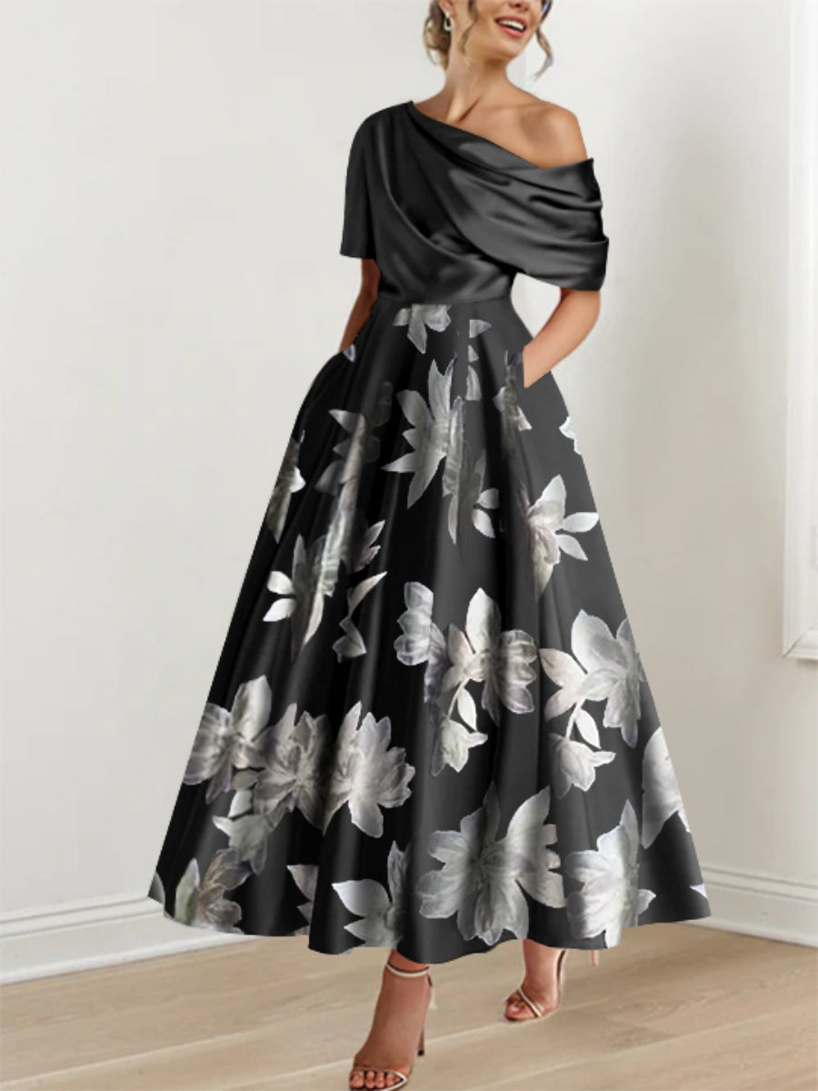 Robe de mère de la mariée à fleurs imprimées asymétrique en ligne A