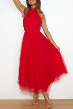 Robe longue en tulle à col licou avec détails froncés