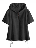 Sweat à capuche à manches courtes texturé ample avec patte de boutonnage