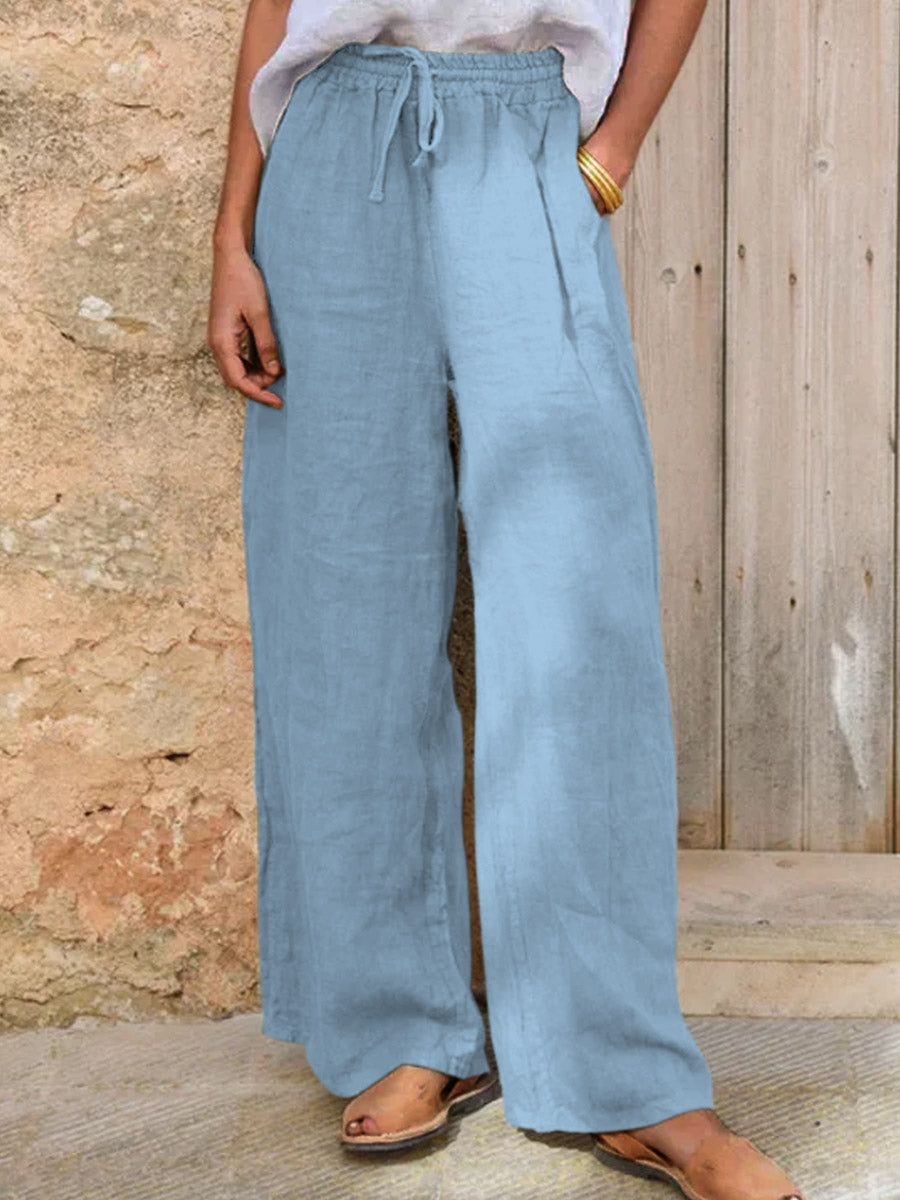 Pantalon large décontracté en coton et lin pour femmes