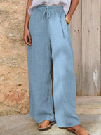 Pantalon large décontracté en coton et lin pour femmes