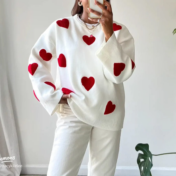 Pull à col rond avec imprimé cœur confortable pour femmes